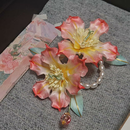 Handmade Ronghua Double Lily Hairpin | Mulberry Silk Velvet Parallel Lily Flower Hair Accessory