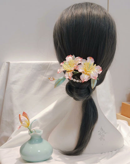 Handmade Ronghua Double Lily Hairpin | Mulberry Silk Velvet Parallel Lily Flower Hair Accessory