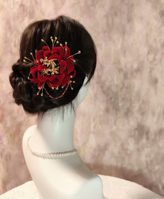 Handmade Ronghua Red Spider Lily Hairpiece | Mulberry Silk Velvet Lycoris Radiata Hair Accessory