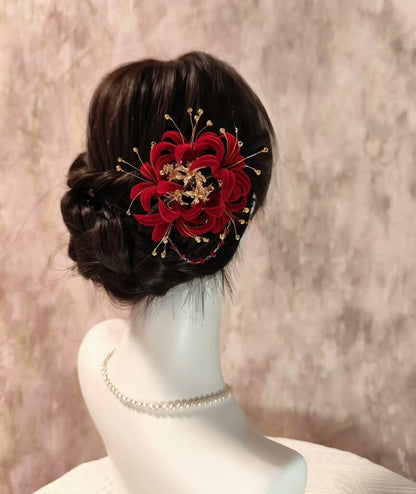 Handmade Ronghua Red Spider Lily Hairpiece | Mulberry Silk Velvet Lycoris Radiata Hair Accessory