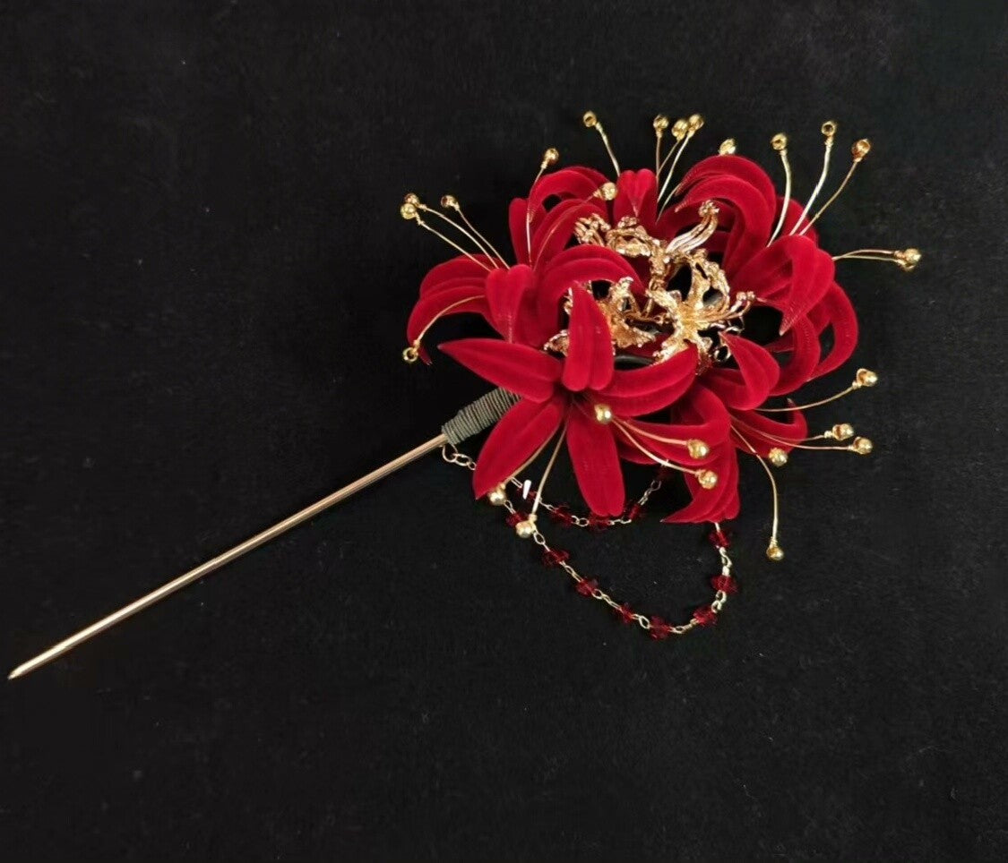 Handmade Ronghua Red Spider Lily Hairpiece | Mulberry Silk Velvet Lycoris Radiata Hair Accessory