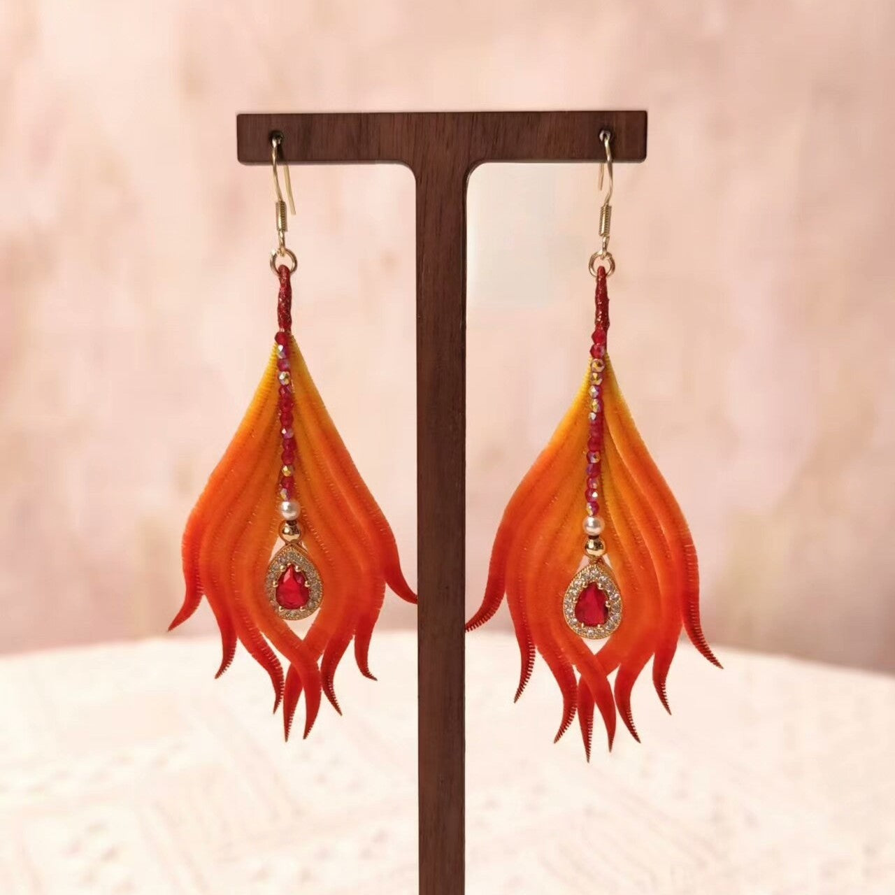 Handmade Ronghua Phoenix Tail Feather Earrings | Red-Orange Mulberry Silk Velvet Long Drop Earrings
