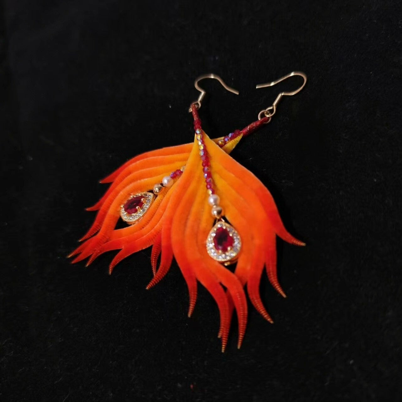 Handmade Ronghua Phoenix Tail Feather Earrings | Red-Orange Mulberry Silk Velvet Long Drop Earrings