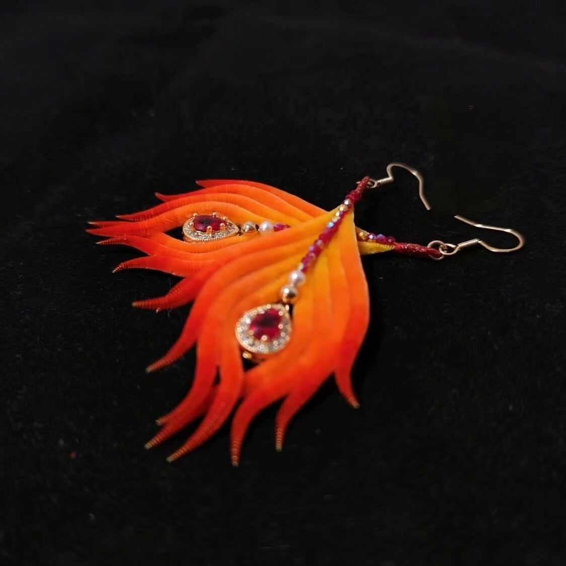 Handmade Ronghua Phoenix Tail Feather Earrings | Red-Orange Mulberry Silk Velvet Long Drop Earrings