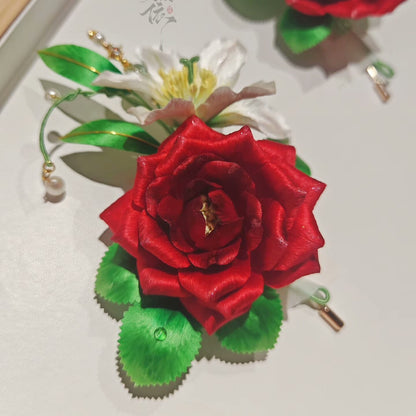 Handmade Ronghua Red Rose Brooch | Mulberry Silk Velvet Rose Flower Pin