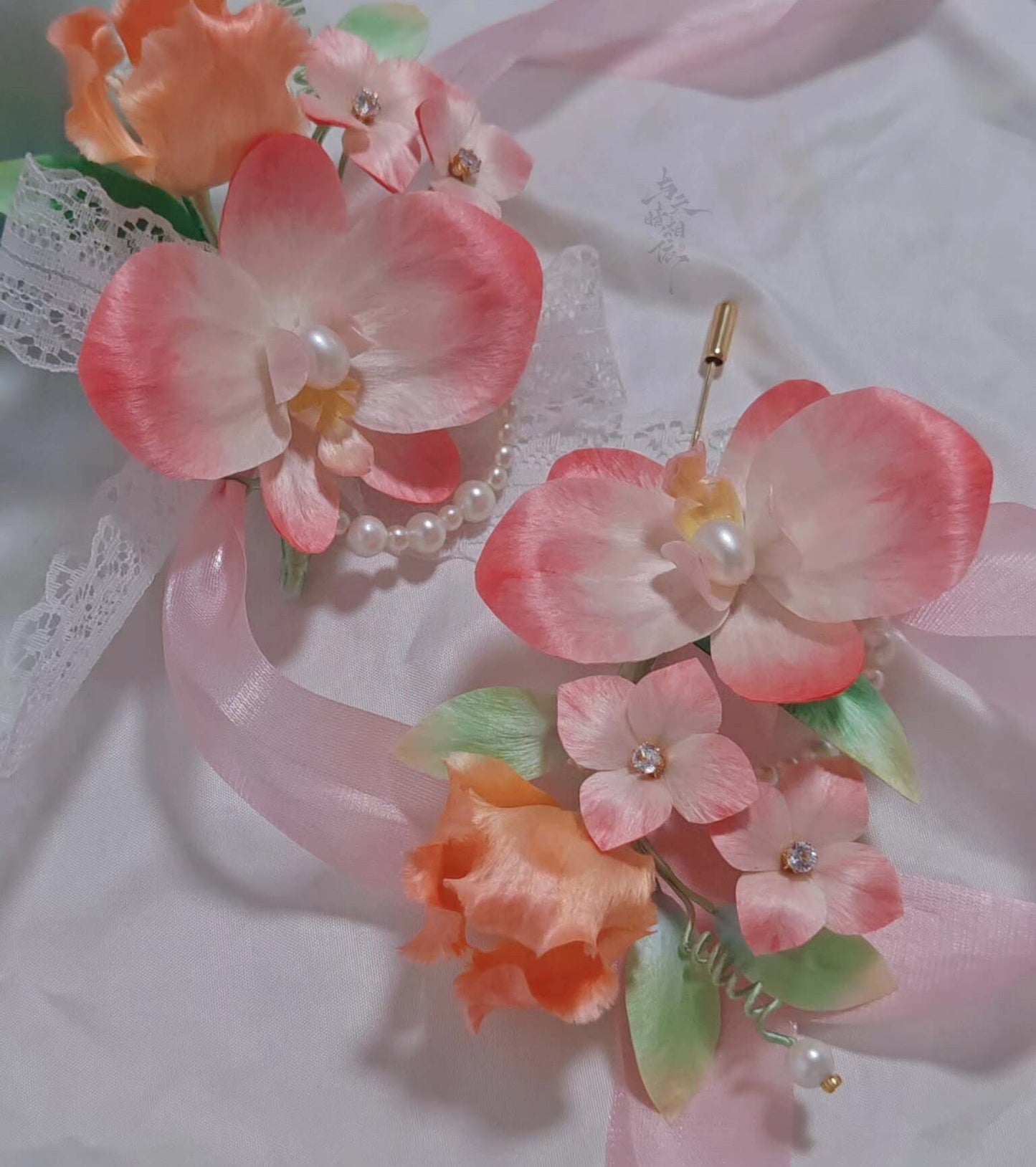 Handmade Ronghua Pink Phalaenopsis Orchid Set | Mulberry Silk Velvet Corsage + Brooch