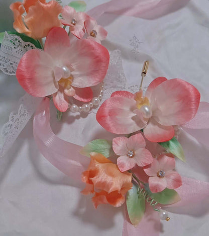Handmade Ronghua Pink Phalaenopsis Orchid Set | Mulberry Silk Velvet Corsage + Brooch