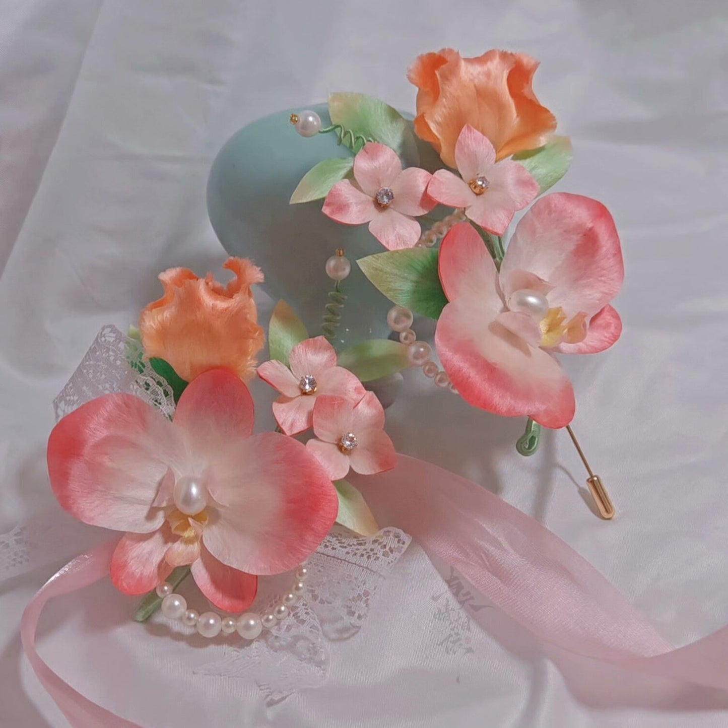 Handmade Ronghua Pink Phalaenopsis Orchid Set | Mulberry Silk Velvet Corsage + Brooch