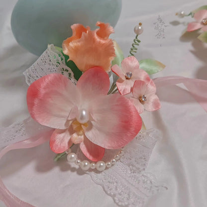 Handmade Ronghua Pink Phalaenopsis Orchid Set | Mulberry Silk Velvet Corsage + Brooch