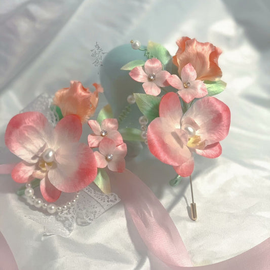 Handmade Ronghua pink phalaenopsis orchid corsage and brooch set in mulberry silk velvet with pearl chain and lace ribbon