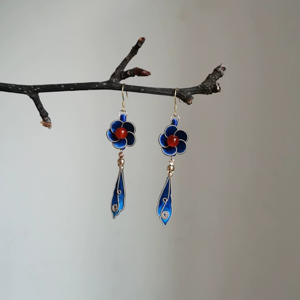 Handmade Ronghua Blue Filigree Drop Earrings | Mulberry Silk Velvet Cloisonné-Style Flower Earrings