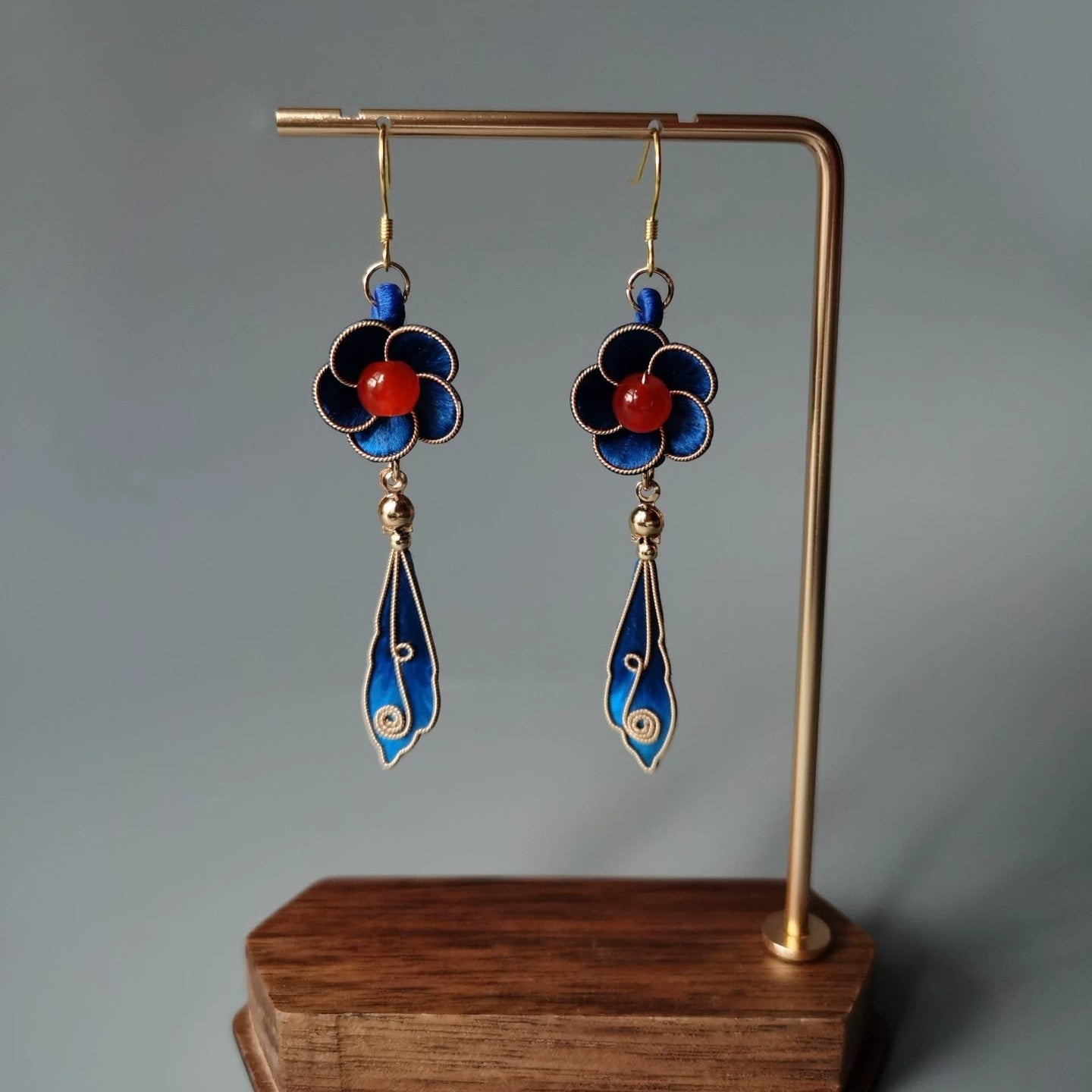 Handmade Ronghua Blue Filigree Drop Earrings | Mulberry Silk Velvet Cloisonné-Style Flower Earrings
