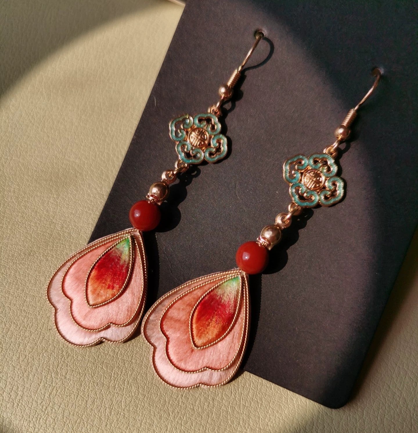 Handmade Ronghua Dunhuang Vintage Cloisonné Earrings | Pink-Red Mulberry Silk Velvet Drop Earrings