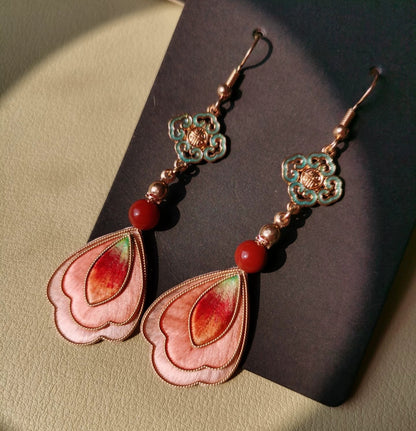 Handmade Ronghua Dunhuang Vintage Cloisonné Earrings | Pink-Red Mulberry Silk Velvet Drop Earrings