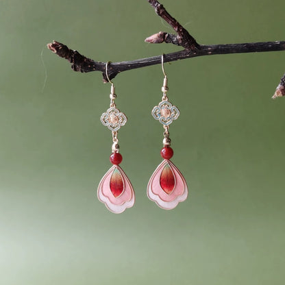 Handmade Ronghua Dunhuang-style drop earrings in pink-red mulberry silk velvet with turquoise cloisonné charm and red agate bead