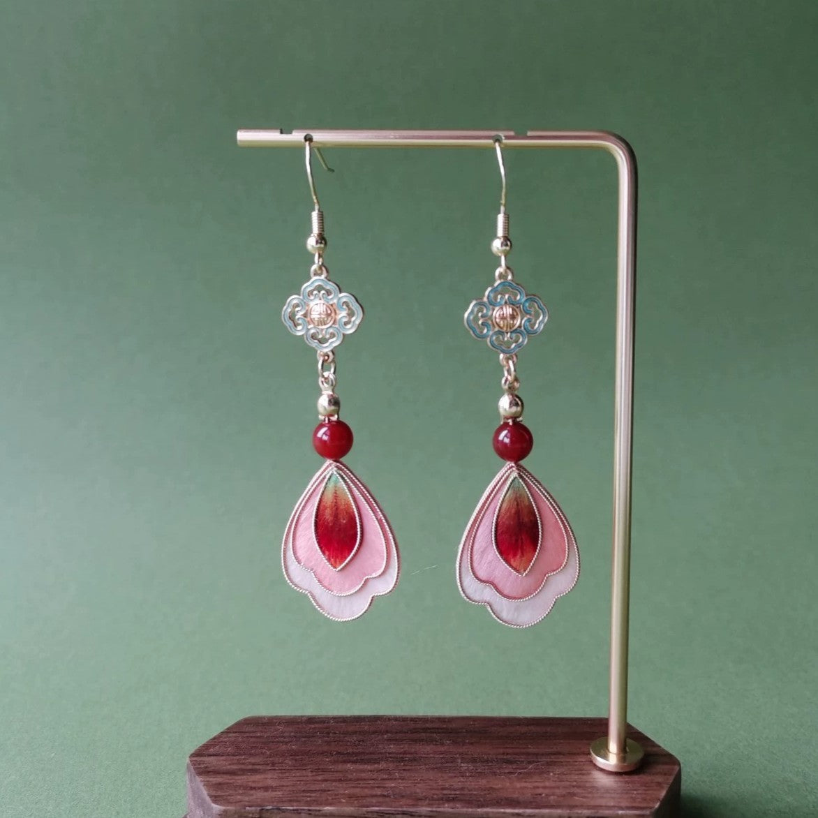Handmade Ronghua Dunhuang Vintage Cloisonné Earrings | Pink-Red Mulberry Silk Velvet Drop Earrings
