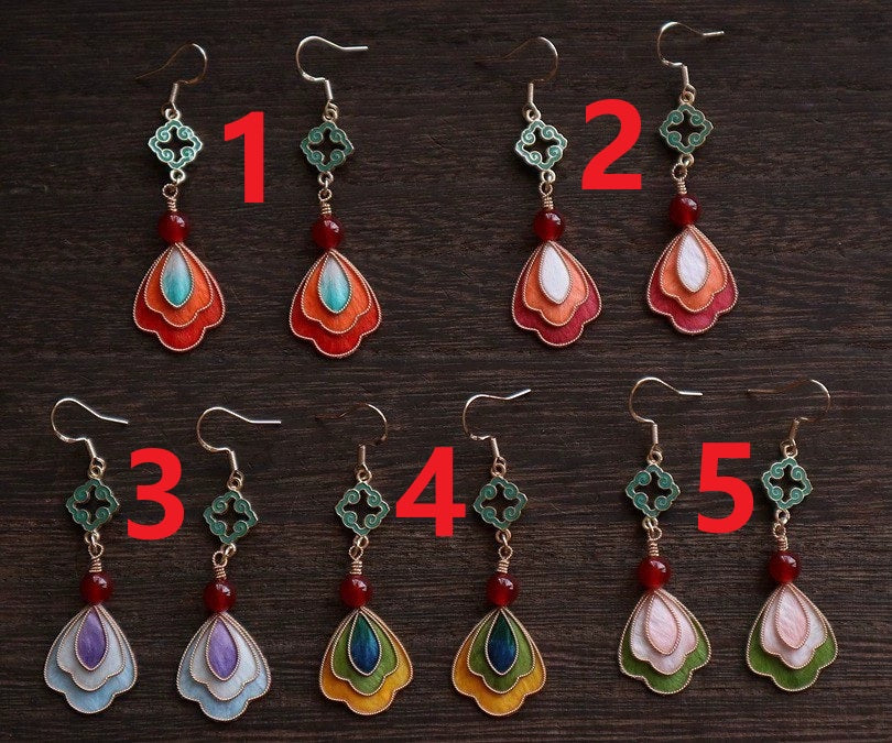 Handmade Ronghua Dunhuang Style Drop Earrings | Mulberry Silk Velvet Cloisonné-Inspired Flower Earrings