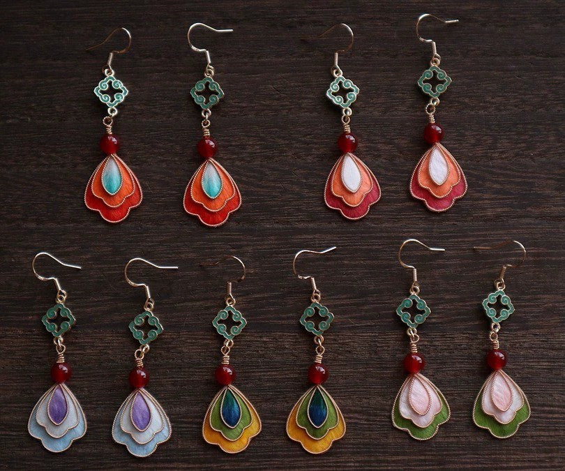 Handmade Ronghua Dunhuang Style Drop Earrings | Mulberry Silk Velvet Cloisonné-Inspired Flower Earrings