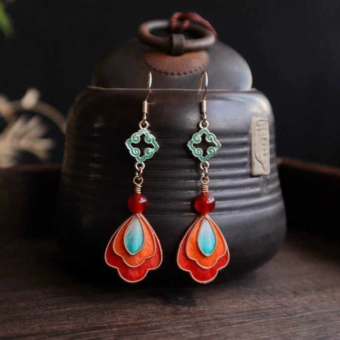 Handmade Ronghua Dunhuang Style Drop Earrings | Mulberry Silk Velvet Cloisonné-Inspired Flower Earrings