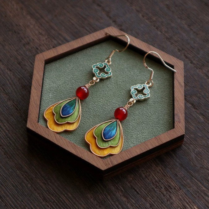 Handmade Ronghua Dunhuang Style Drop Earrings | Mulberry Silk Velvet Cloisonné-Inspired Flower Earrings