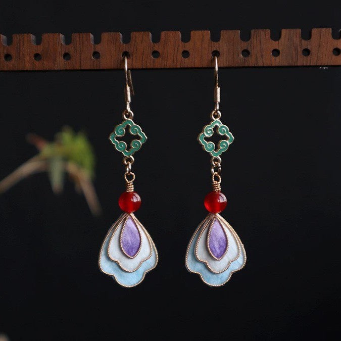 Handmade Ronghua Dunhuang Style Drop Earrings | Mulberry Silk Velvet Cloisonné-Inspired Flower Earrings