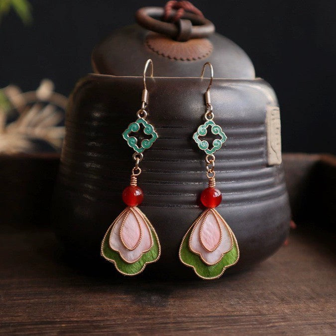 Handmade Ronghua Dunhuang Style Drop Earrings | Mulberry Silk Velvet Cloisonné-Inspired Flower Earrings