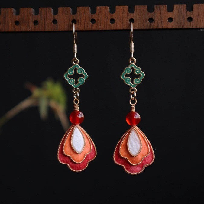 Handmade Ronghua Dunhuang Style Drop Earrings | Mulberry Silk Velvet Cloisonné-Inspired Flower Earrings