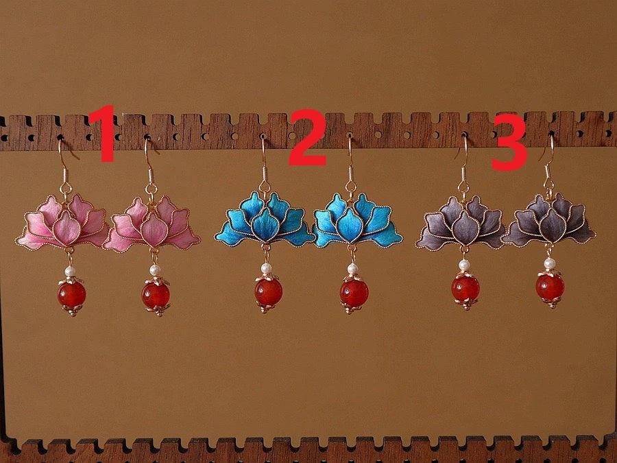 Handmade Ronghua Pink Lotus Cloisonné Earrings | Mulberry Silk Velvet Vintage-Style Drop Earrings with Red Agate
