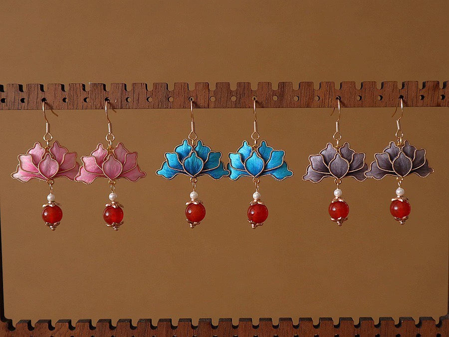 Handmade Ronghua Pink Lotus Cloisonné Earrings | Mulberry Silk Velvet Vintage-Style Drop Earrings with Red Agate