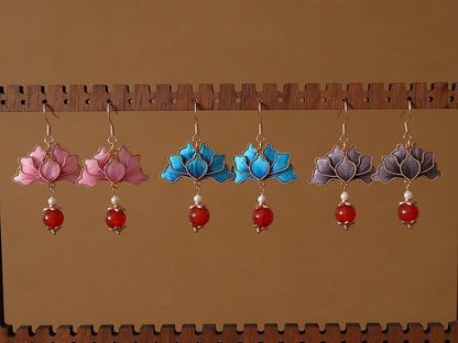 Handmade Ronghua Pink Lotus Cloisonné Earrings | Mulberry Silk Velvet Vintage-Style Drop Earrings with Red Agate
