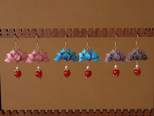 Handmade Ronghua Pink Lotus Cloisonné Earrings | Mulberry Silk Velvet Vintage-Style Drop Earrings with Red Agate