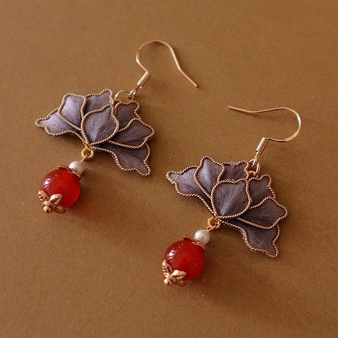 Handmade Ronghua Pink Lotus Cloisonné Earrings | Mulberry Silk Velvet Vintage-Style Drop Earrings with Red Agate