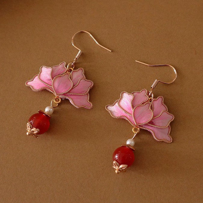 Handmade Ronghua pink lotus drop earrings in mulberry silk velvet with gold filigree and red agate bead on 925 silver hooks