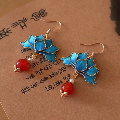 Handmade Ronghua Pink Lotus Cloisonné Earrings | Mulberry Silk Velvet Vintage-Style Drop Earrings with Red Agate