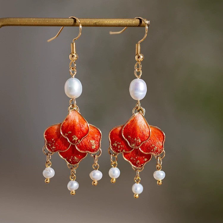 Handmade Ronghua red filigree chandelier earrings in mulberry silk velvet with freshwater pearls and gold accents