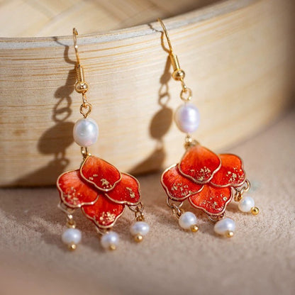 Handmade Ronghua Red Filigree Chandelier Earrings | Mulberry Silk Velvet Flower & Pearl Drop Earrings