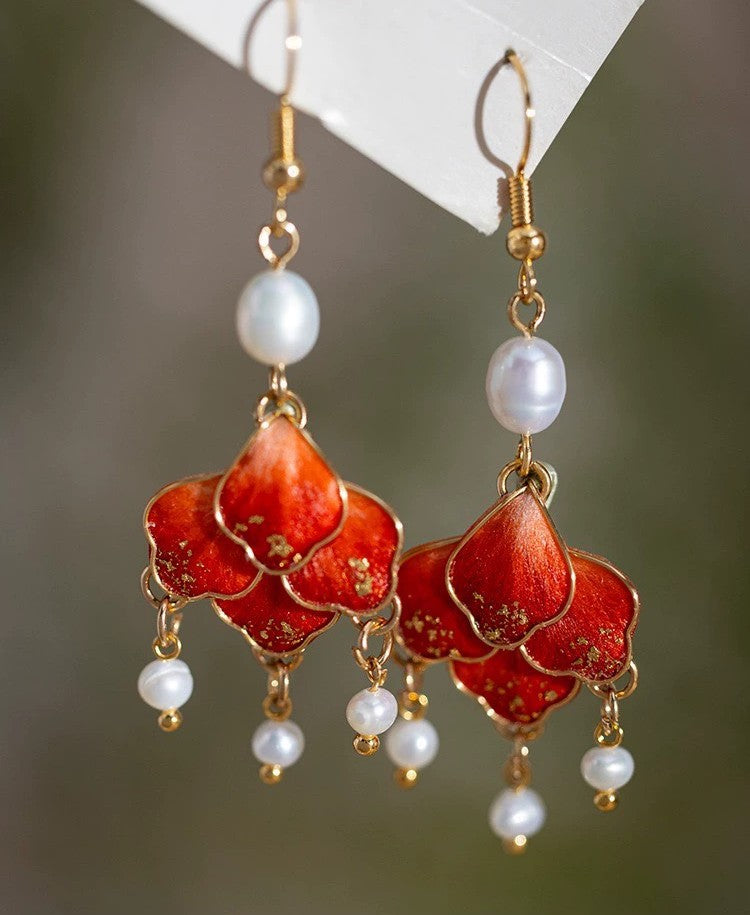 Handmade Ronghua Red Filigree Chandelier Earrings | Mulberry Silk Velvet Flower & Pearl Drop Earrings