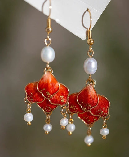 Handmade Ronghua Red Filigree Chandelier Earrings | Mulberry Silk Velvet Flower & Pearl Drop Earrings