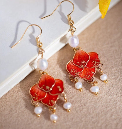 Handmade Ronghua Red Filigree Chandelier Earrings | Mulberry Silk Velvet Flower & Pearl Drop Earrings