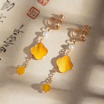 Handmade Ronghua Four-Leaf Clover Drop Earrings | Yellow Mulberry Silk Velvet Clover Earrings