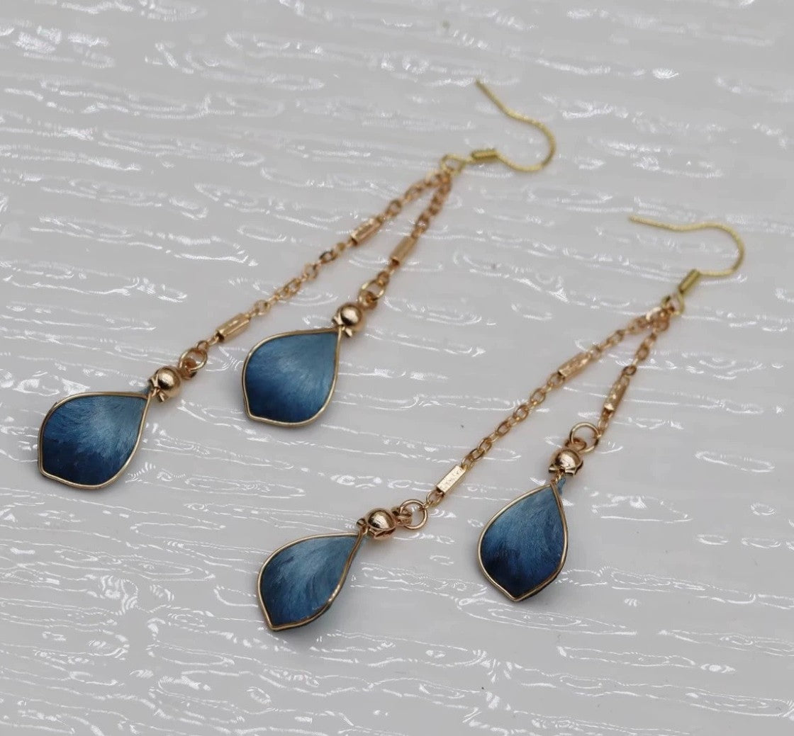 Handmade Ronghua Blue Waterdrop Chain Earrings | Mulberry Silk Velvet Cloisonné-Style Long Drop Earrings