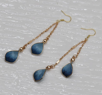 Handmade Ronghua Blue Waterdrop Chain Earrings | Mulberry Silk Velvet Cloisonné-Style Long Drop Earrings
