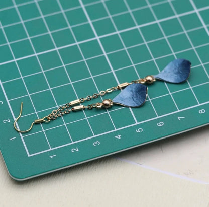 Handmade Ronghua Blue Waterdrop Chain Earrings | Mulberry Silk Velvet Cloisonné-Style Long Drop Earrings