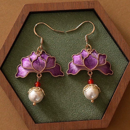 Handmade Ronghua Red Lotus Pearl Drop Earrings | Mulberry Silk Velvet Cloisonné-Style Earrings with Agate