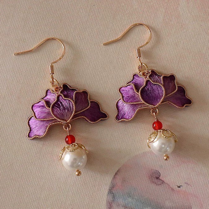 Handmade Ronghua Red Lotus Pearl Drop Earrings | Mulberry Silk Velvet Cloisonné-Style Earrings with Agate