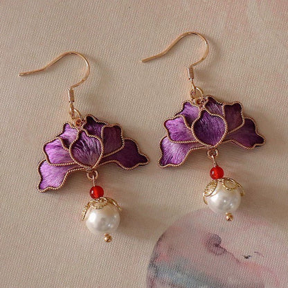 Handmade Ronghua Red Lotus Pearl Drop Earrings | Mulberry Silk Velvet Cloisonné-Style Earrings with Agate