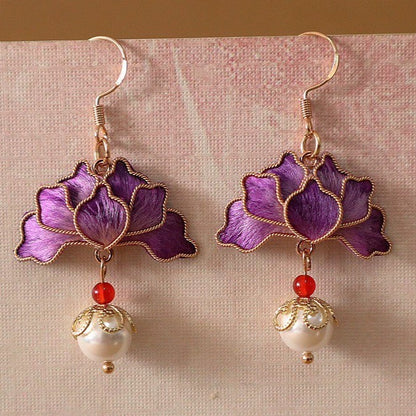Handmade Ronghua Red Lotus Pearl Drop Earrings | Mulberry Silk Velvet Cloisonné-Style Earrings with Agate