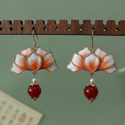 Handmade Ronghua Red Lotus Pearl Drop Earrings | Mulberry Silk Velvet Cloisonné-Style Earrings with Agate