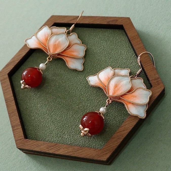 Handmade Ronghua Red Lotus Pearl Drop Earrings | Mulberry Silk Velvet Cloisonné-Style Earrings with Agate