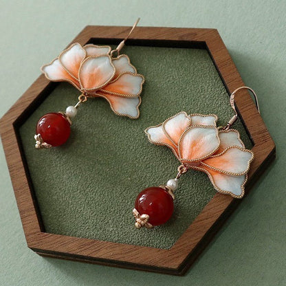 Handmade Ronghua Red Lotus Pearl Drop Earrings | Mulberry Silk Velvet Cloisonné-Style Earrings with Agate
